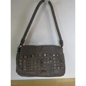 Elliott Lucca Gray Genuine Leather Studded Woven  Clutch Handbag Purse EUC